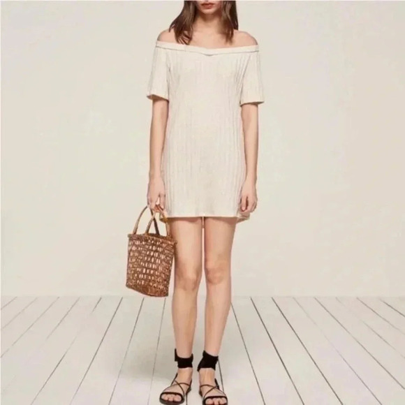 Reformation Portland Off Shoulder Dress Cream Ribbed Women’s Size XS - Picture 5 of 8